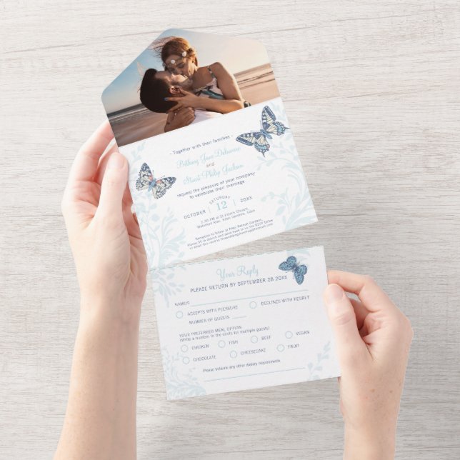 Invitación Todo En Uno Boda mariposas crema azul foto harina RSVP (desgarro)