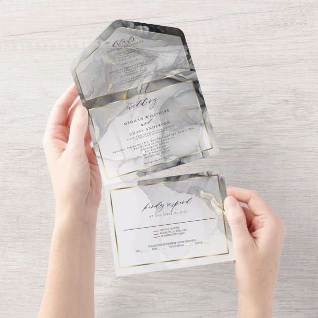 Invitación Todo En Uno Boda Mármol Negro Oro Tinta Alcoholica Todo En Uno (desgarro)