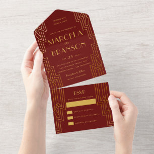 Invitación Todo En Uno Boda Maroon and Gold Art Deco