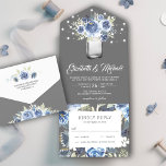 Invitación Todo En Uno Boda Mason Jar, floral de color gris azul y agitad<br><div class="desc">Aprovecha tus invitados con esta elegante invitación de bodas con hermosas flores y tipografía moderna. Simplemente agregue los detalles de su evento en esta plantilla fácil de usar para convertirla en una invitación única.</div>