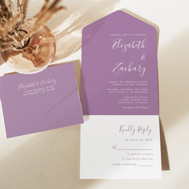 Invitación Todo En Uno Boda Mauve Minimal con guión moderno (Subido por el creador)
