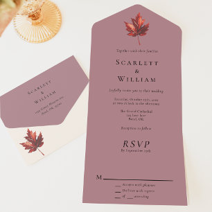 Invitación Todo En Uno Boda Mauve Simple Mínimo De Hojas De Caída
