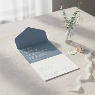 Invitación Todo En Uno Boda minimalista azul polvoriento con guión modern