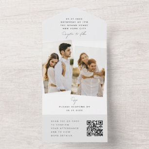 Invitación Todo En Uno Boda Minimalista blanco moderno foto Código QR Cód