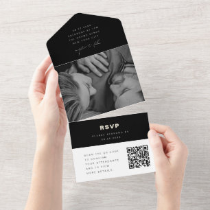 Invitación Todo En Uno Boda Minimalista blanco negro foto Código QR RSVP