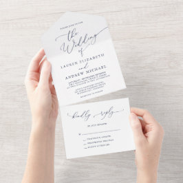 Invitación Todo En Uno Boda Minimalista blanco y azul de la Marina