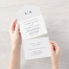 Invitación Todo En Uno Boda Minimalista blanco y azul de la Marina