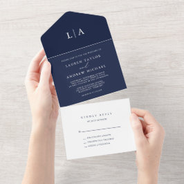 Invitación Todo En Uno Boda Minimalista blanco y azul de la marina todo e