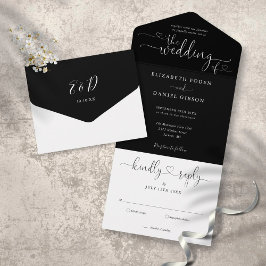 Invitación Todo En Uno Boda Minimalista blanco y negro de los corazones d