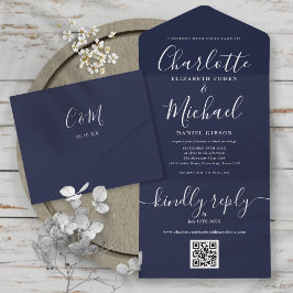Invitación Todo En Uno Boda Minimalista Código QR Azul Marino Script
