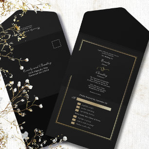 Invitación Todo En Uno Boda Minimalista con Marco Dorado sobre Fondo Negr