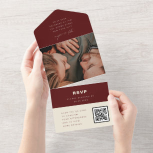 Invitación Todo En Uno Boda Minimalista de Borgoña Foto Código QR RSVP
