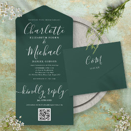 Invitación Todo En Uno Boda Minimalista de código QR verde esmeralda
