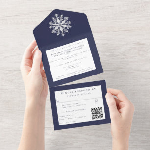 Invitación Todo En Uno Boda Minimalista de Copo de Nieve Azul Marino