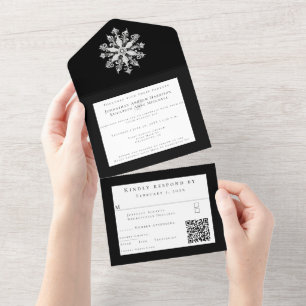 Invitación Todo En Uno Boda Minimalista de Copo de Nieve Negro