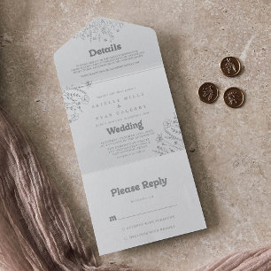 Invitación Todo En Uno Boda minimalista de flores silvestres grises    