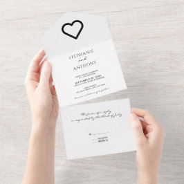 Invitación Todo En Uno Boda minimalista Del Corazón Blanco Y Negro