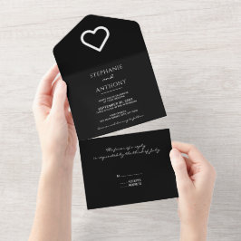 Invitación Todo En Uno Boda minimalista Del Corazón Blanco Y Negro