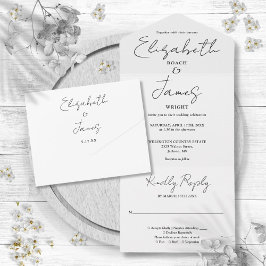 Invitación Todo En Uno Boda Minimalista Elegante Script Negro y Blanco
