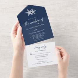 Invitación Todo En Uno Boda Minimalista Estrella de Mar Azul Marino