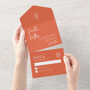Invitación Todo En Uno Boda minimalista moderna simple naranja atardecer