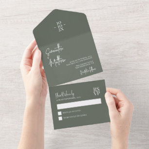 Invitación Todo En Uno Boda Minimalista Moderna Simple Verde Sage Oscuro