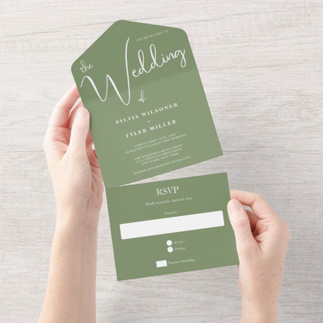 Invitación Todo En Uno Boda Minimalista Sage (desgarro)