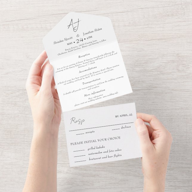 Invitación Todo En Uno Boda mínimo blanco y negro (desgarro)