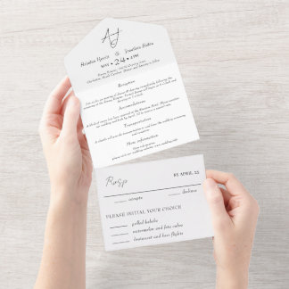 Invitación Todo En Uno Boda mínimo blanco y negro