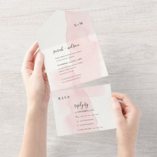 INVITACIÓN TODO EN UNO BODA MÍNIMO DE COLOR DE AGUA RUBOR PINK MONOGRAM