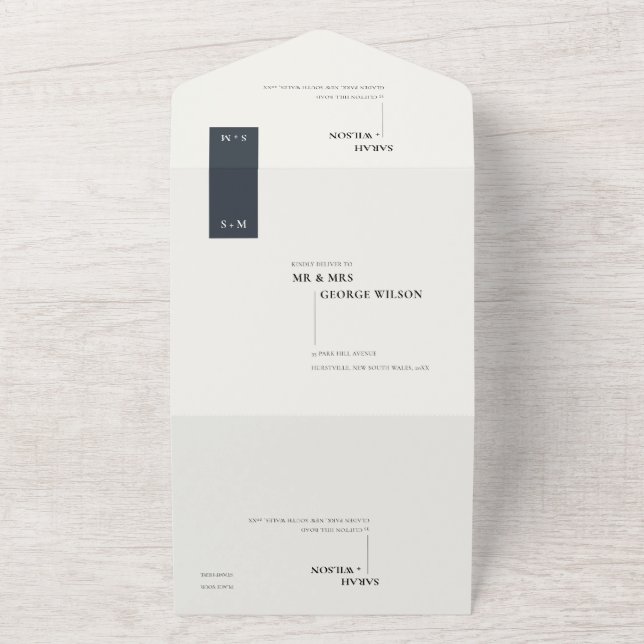 INVITACIÓN TODO EN UNO BODA MÍNIMO DE MONOGRAMA BLANCO NEGRO SCANDI (Afuera)