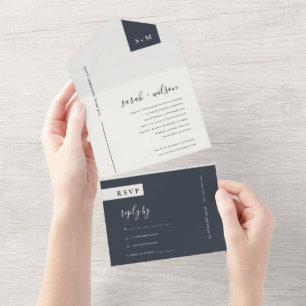 INVITACIÓN TODO EN UNO BODA MÍNIMO DE MONOGRAMAS EN BLANCO Y NEGRO SCANDI