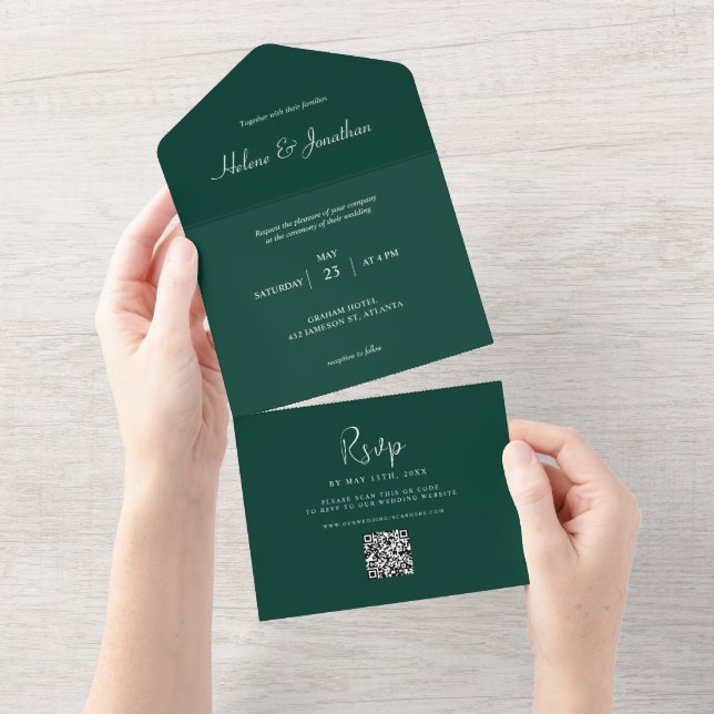 Invitación Todo En Uno Boda mínimo verde esmeralda (desgarro)