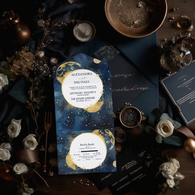 Invitación Todo En Uno Boda Mística de Acuarela Azul y Dorado a Medianoch (Subido por el creador)