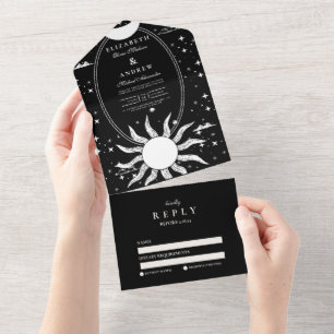 Invitación Todo En Uno Boda Mística del Sol y la Luna en Blanco y Negro