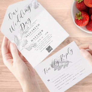 Invitación Todo En Uno Boda Moda Botánica Simple Moderna Código QR