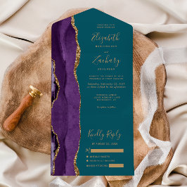 Invitación Todo En Uno Boda Moderna Aguamarina Ágata Purpura Dorada