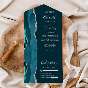 Invitación Todo En Uno Boda Moderna Aguamarina Oscura Plata Agata
