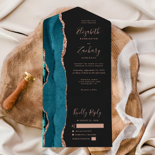 Invitación Todo En Uno Boda moderna azul turquesa rosa oro ágata oscura