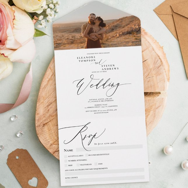 Invitación Todo En Uno Boda moderna boho foto chic caligrafía (Subido por el creador)