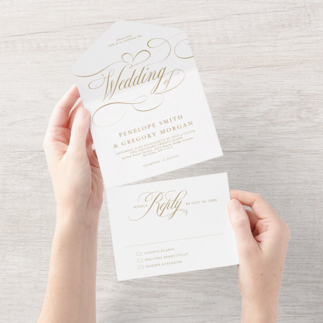 Invitación Todo En Uno Boda moderna caligrafía atemporal oro y blanco (desgarro)