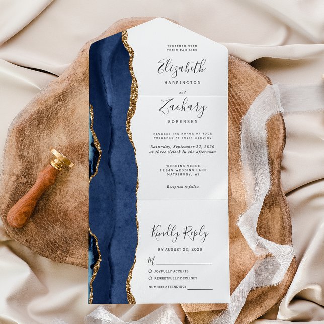 Invitación Todo En Uno Boda Moderna con Ágata Azul y Oro (Subido por el creador)