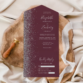 Invitación Todo En Uno Boda moderna con brillo de plata de Borgoña