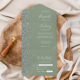Invitación Todo En Uno Boda moderna con brillo plateado verde salvia