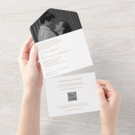 Invitación Todo En Uno Boda moderna con código QR dorado minimalista