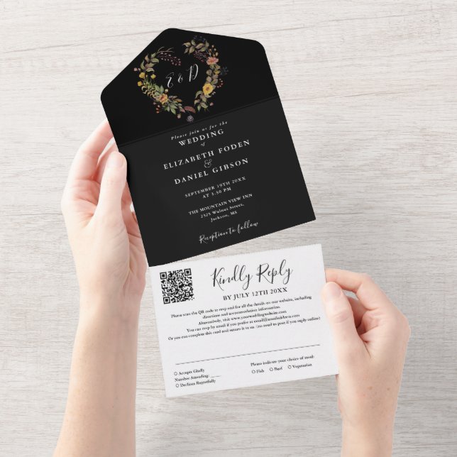 Invitación Todo En Uno Boda moderna con código QR floral rústico (desgarro)