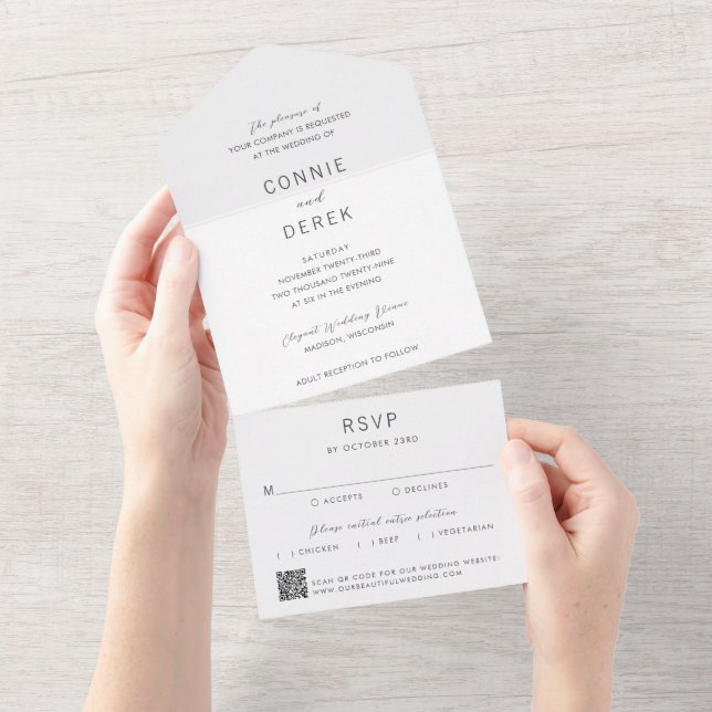 Invitación Todo En Uno Boda moderna con código QR simple (desgarro)