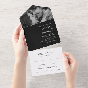Invitación Todo En Uno Boda moderna con foto de monograma negro