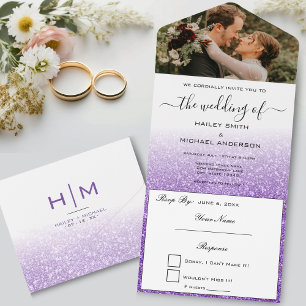 Invitación Todo En Uno Boda moderna con foto ombre de purpurina blanca y