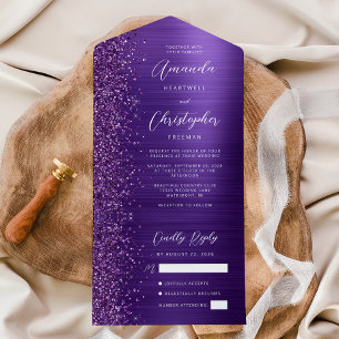Invitación Todo En Uno Boda moderna con glam metálico púrpura